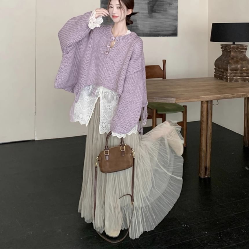 Fringed Henley Sweater with Lace Blouse and Crinkle Skirt