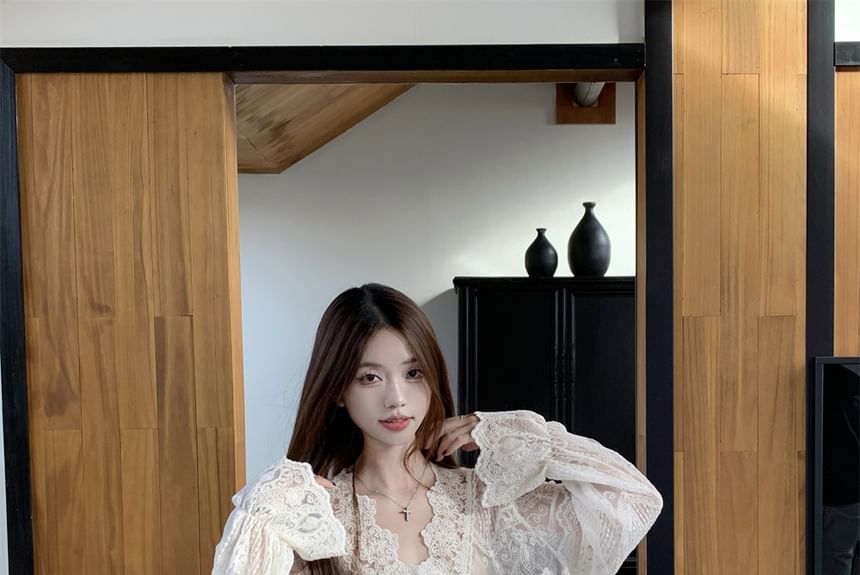 Fringed Henley Sweater with Lace Blouse and Crinkle Skirt
