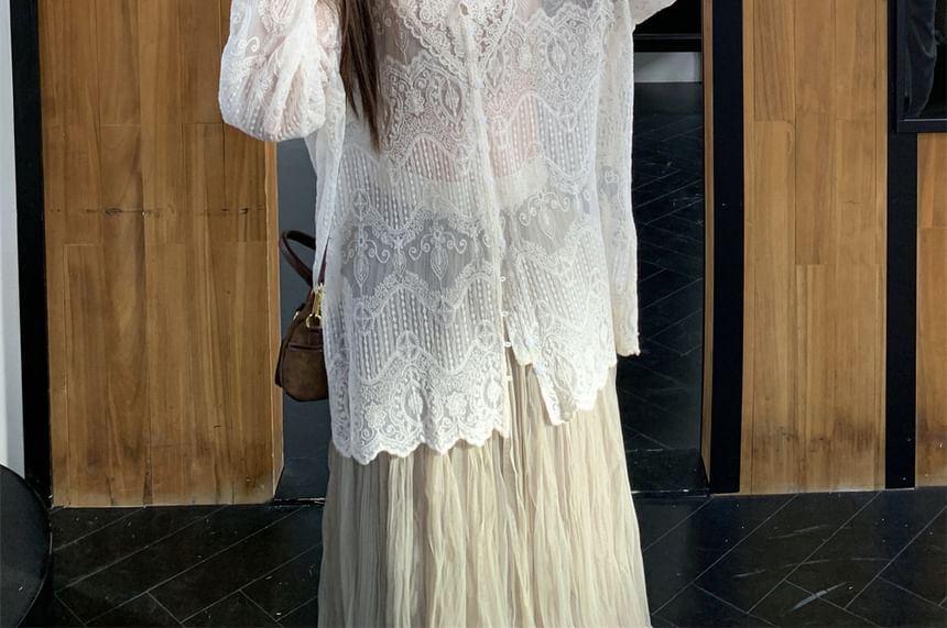 Fringed Henley Sweater with Lace Blouse and Crinkle Skirt
