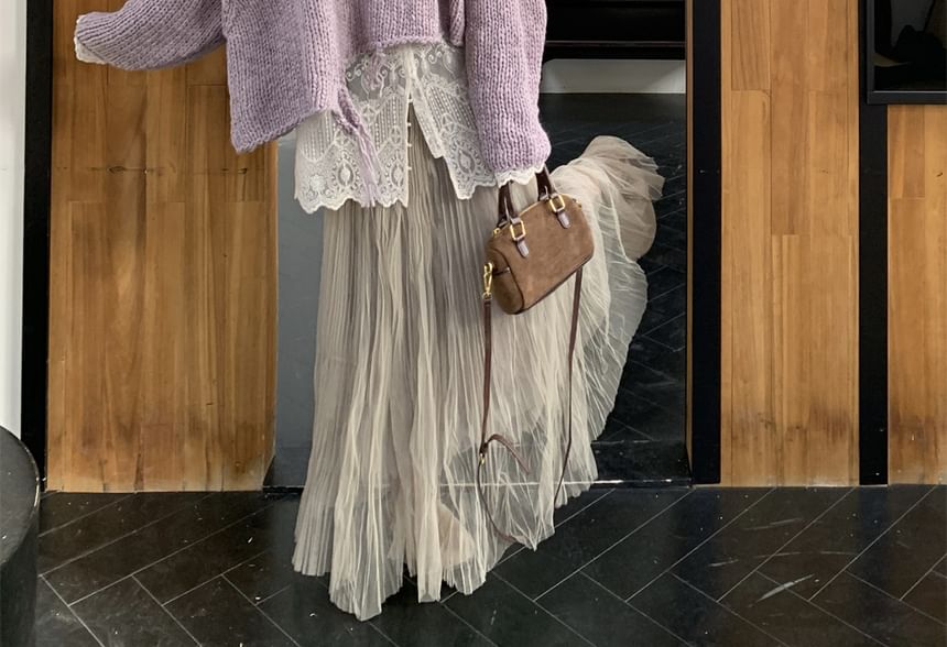 Fringed Henley Sweater with Lace Blouse and Crinkle Skirt