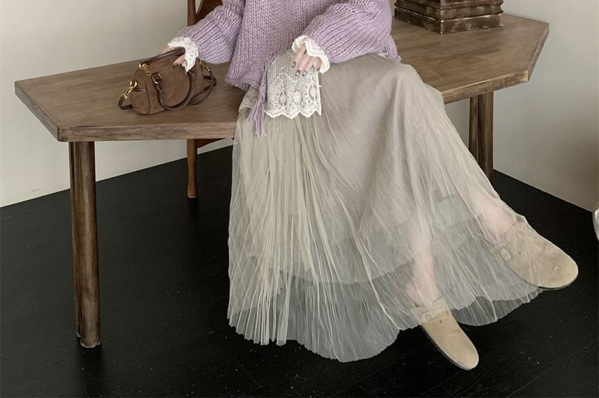 Fringed Henley Sweater with Lace Blouse and Crinkle Skirt