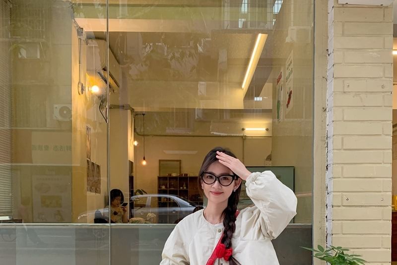 Button-Up Jacket with A-Line Midi Skirt - Crew Neck