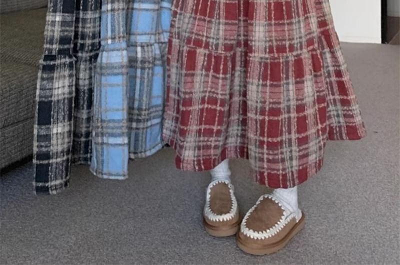 Tiered Plaid Midi Skirt - High Waist