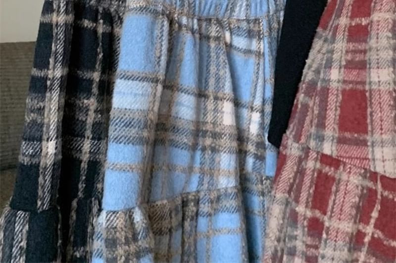Tiered Plaid Midi Skirt - High Waist