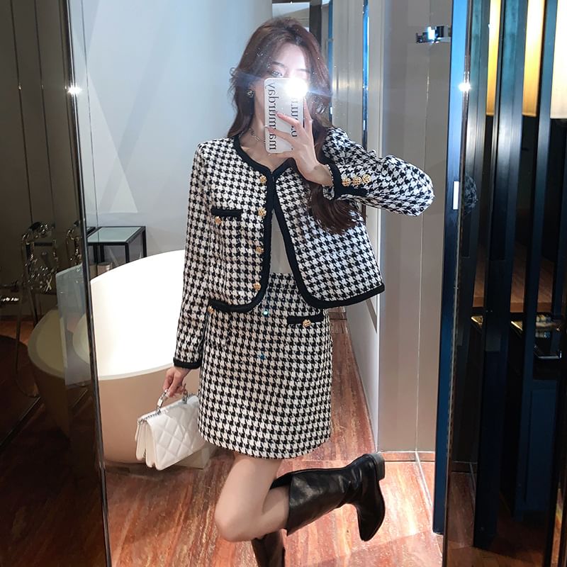 Houndstooth Tweed Jacket and Mini A-Line Skirt Set