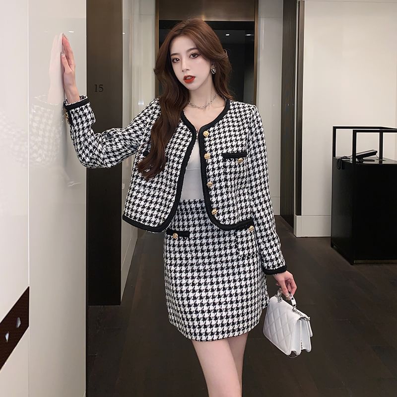 Houndstooth Tweed Jacket and Mini A-Line Skirt Set
