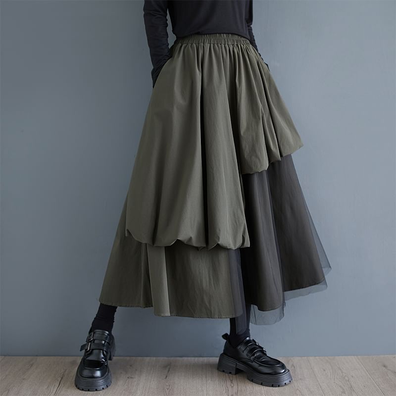 Mesh Panel Midi Skirt with Elastic Waist and A-Line Cut