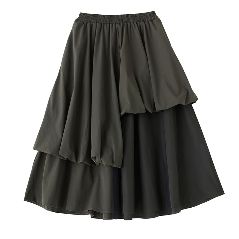 Mesh Panel Midi Skirt with Elastic Waist and A-Line Cut