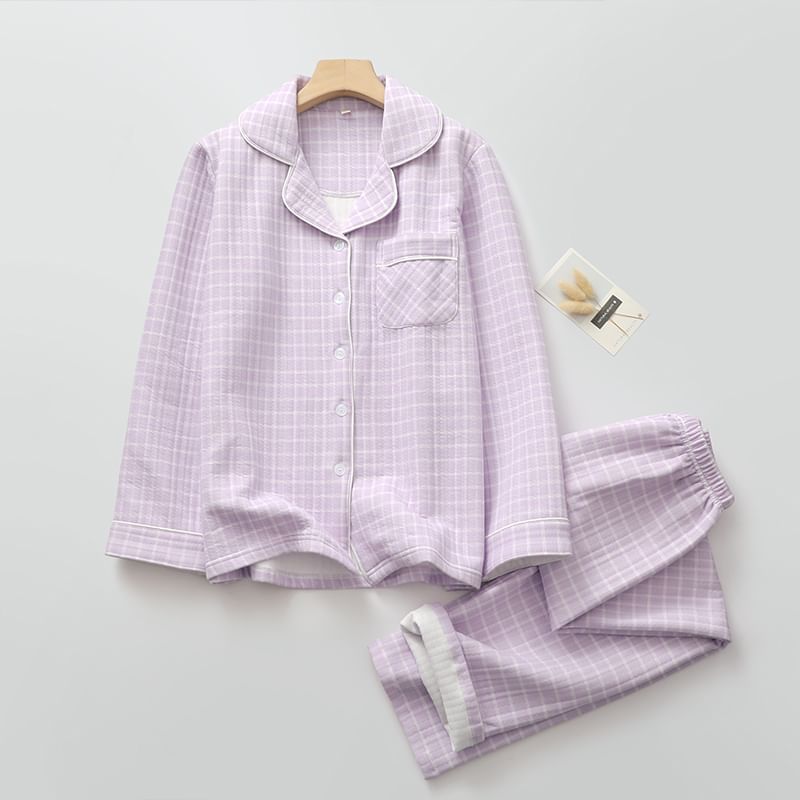 Couple Matching Pajama Set: Long Sleeve Collared Plaid Shirt + Elastic Waist Straight Leg Pants (Various Designs)