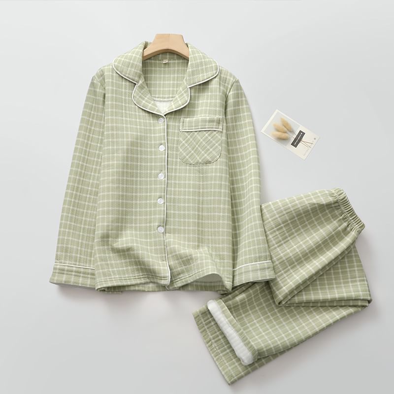 Couple Matching Pajama Set: Long Sleeve Collared Plaid Shirt + Elastic Waist Straight Leg Pants (Various Designs)