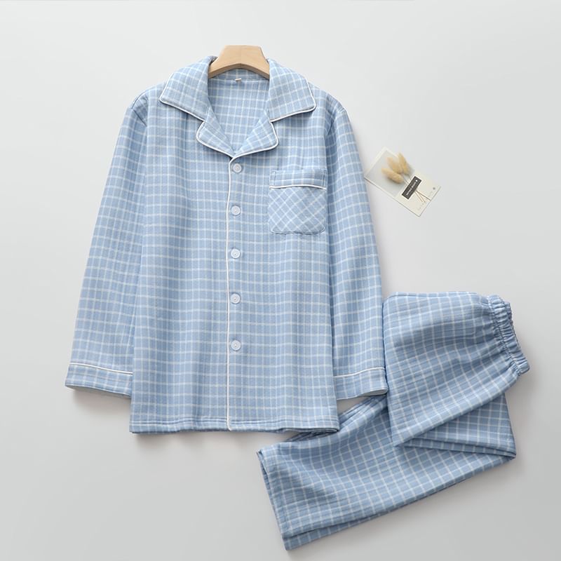 Couple Matching Pajama Set: Long Sleeve Collared Plaid Shirt + Elastic Waist Straight Leg Pants (Various Designs)