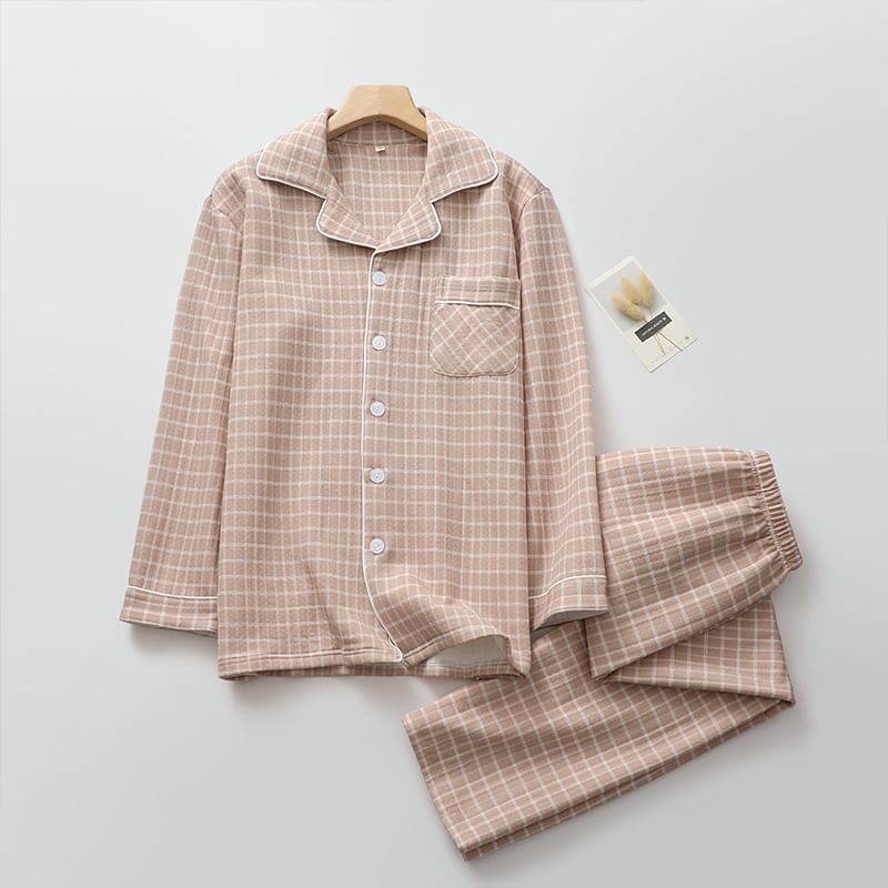 Couple Matching Pajama Set: Long Sleeve Collared Plaid Shirt + Elastic Waist Straight Leg Pants (Various Designs)