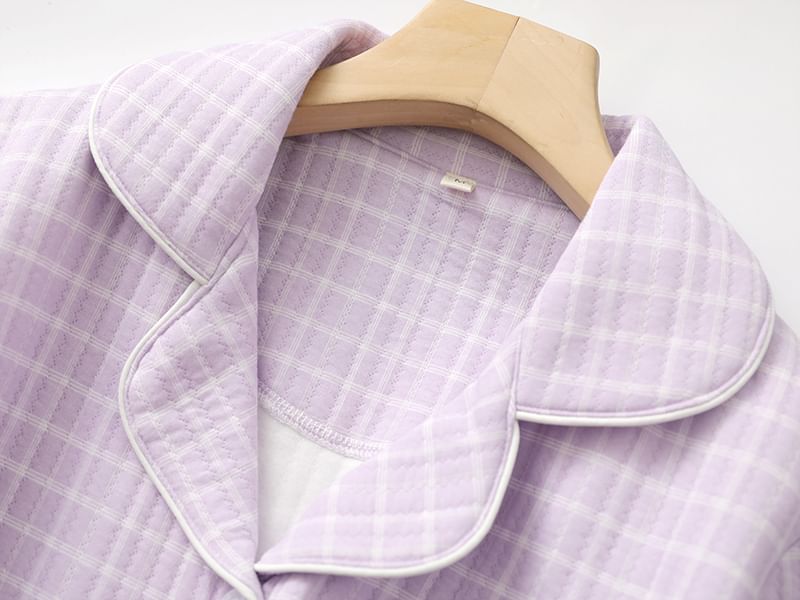 Couple Matching Pajama Set: Long Sleeve Collared Plaid Shirt + Elastic Waist Straight Leg Pants (Various Designs)