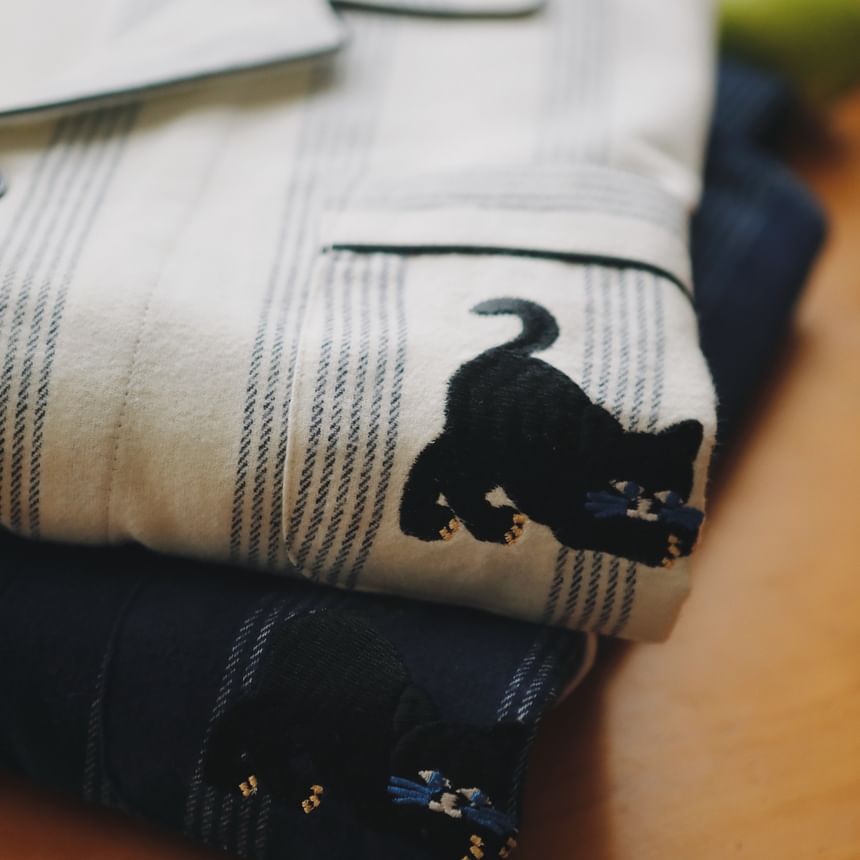 Couple Matching Pajama Set: Long Sleeve Collared Striped Shirt + Straight Leg Pants (Various Designs)