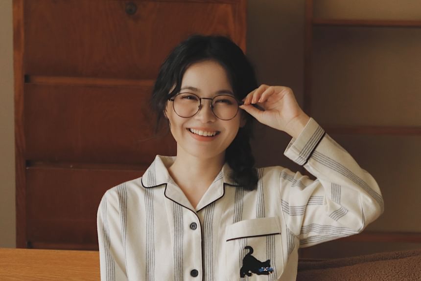 Couple Matching Pajama Set: Long Sleeve Collared Striped Shirt + Straight Leg Pants (Various Designs)