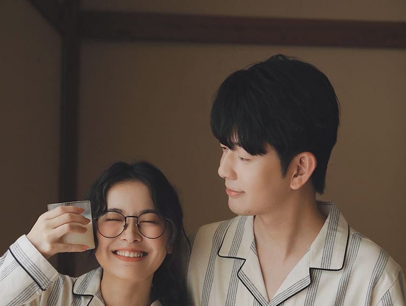 Couple Matching Pajama Set: Long Sleeve Collared Striped Shirt + Straight Leg Pants (Various Designs)