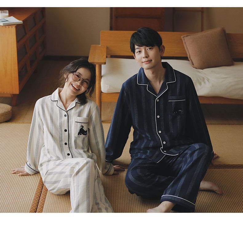 Couple Matching Pajama Set: Long Sleeve Collared Striped Shirt + Straight Leg Pants (Various Designs)