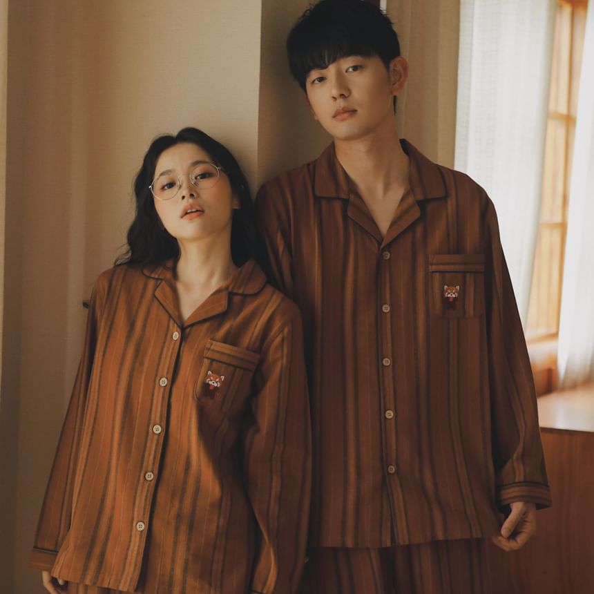 Couple Matching Pajama Set: Long Sleeve Collared Cartoon Embroidered Striped Shirt + Straight Leg Pants (Various Designs)