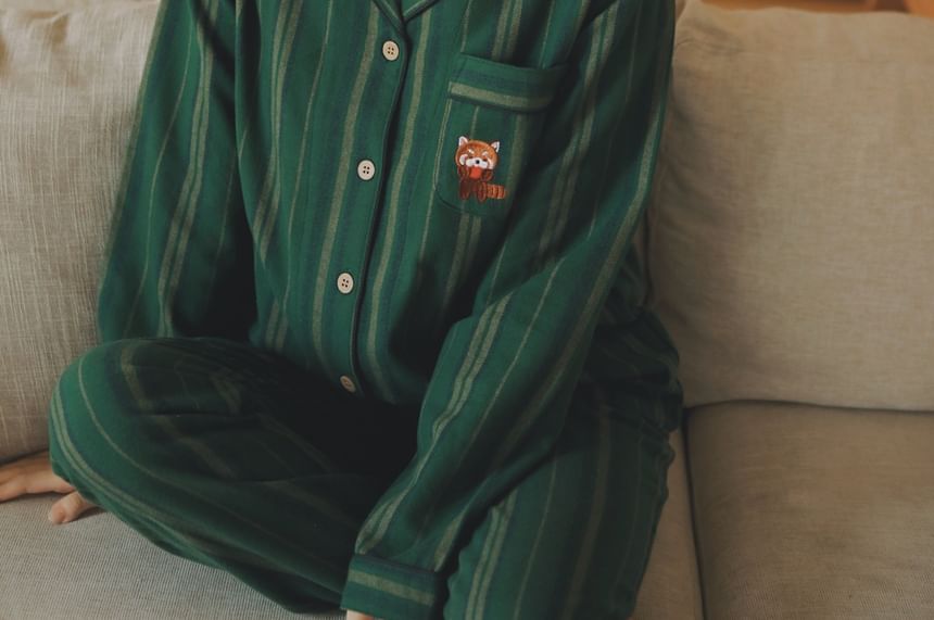 Couple Matching Pajama Set: Long Sleeve Collared Cartoon Embroidered Striped Shirt + Straight Leg Pants (Various Designs)