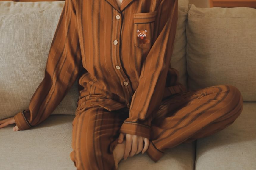 Couple Matching Pajama Set: Long Sleeve Collared Cartoon Embroidered Striped Shirt + Straight Leg Pants (Various Designs)