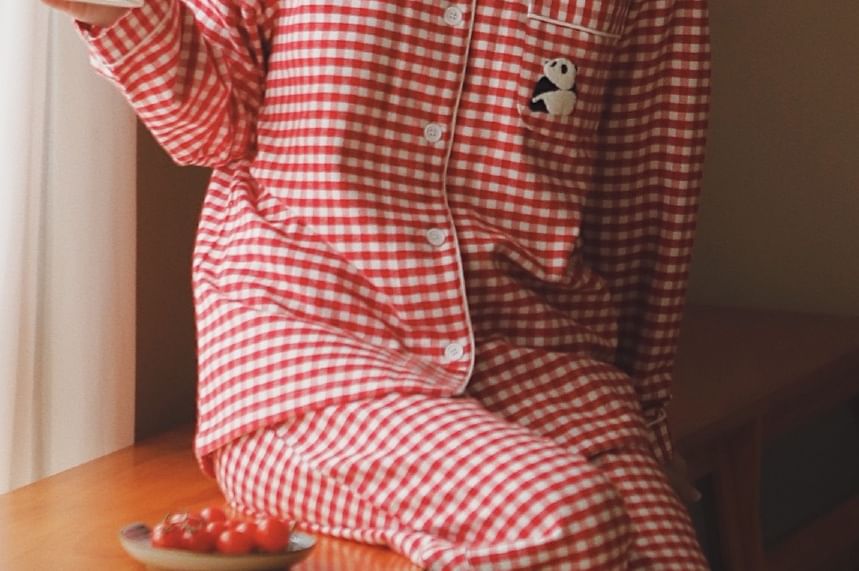 Couple Matching Pajama Set: Long Sleeve Collared Plaid Shirt + Straight Leg Pants (Various Designs)