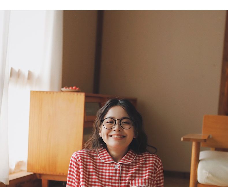 Couple Matching Pajama Set: Long Sleeve Collared Plaid Shirt + Straight Leg Pants (Various Designs)