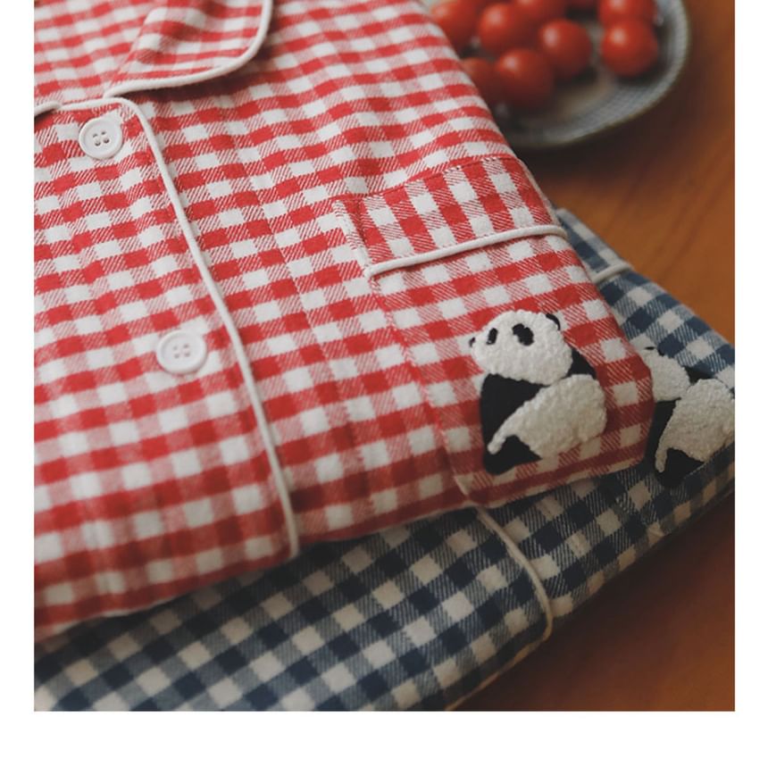 Couple Matching Pajama Set: Long Sleeve Collared Plaid Shirt + Straight Leg Pants (Various Designs)