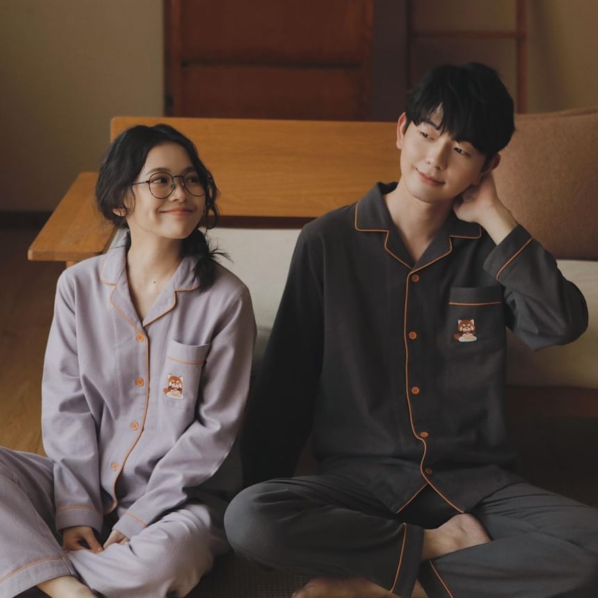 Couple Matching Pajama Set: Long Sleeve Collared Cartoon Embroidered Contrast Trim Shirt + Straight Leg Pants (Various Designs)