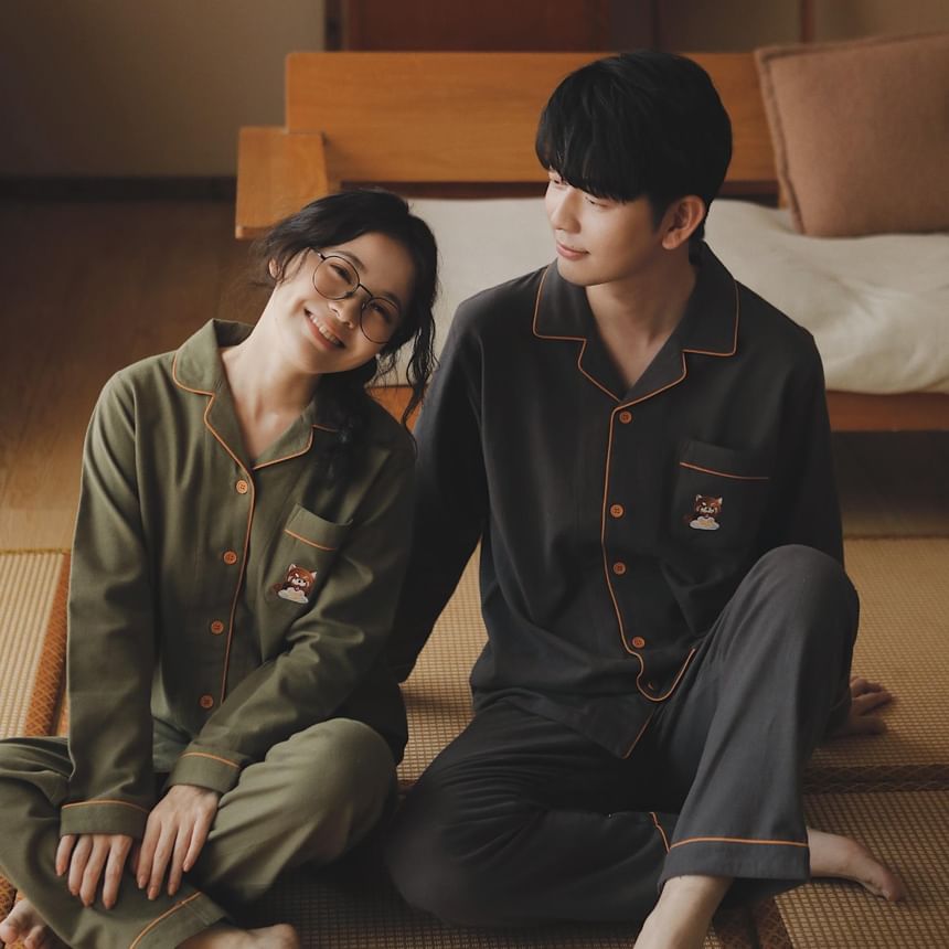Couple Matching Pajama Set: Long Sleeve Collared Cartoon Embroidered Contrast Trim Shirt + Straight Leg Pants (Various Designs)
