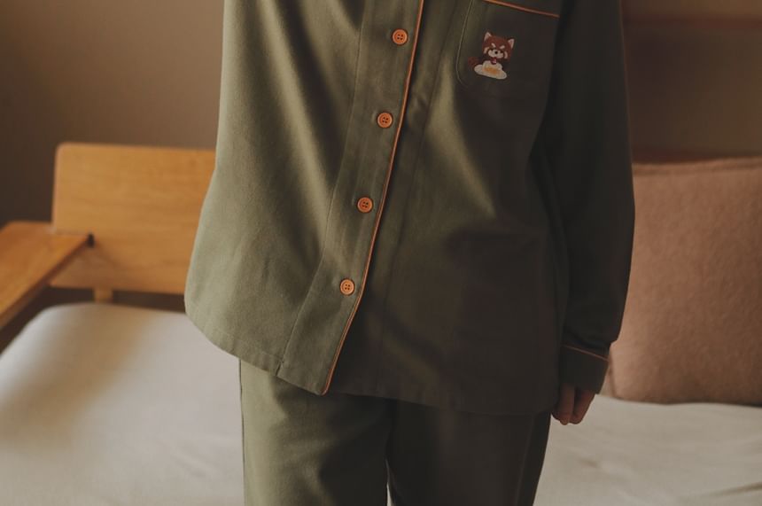 Couple Matching Pajama Set: Long Sleeve Collared Cartoon Embroidered Contrast Trim Shirt + Straight Leg Pants (Various Designs)