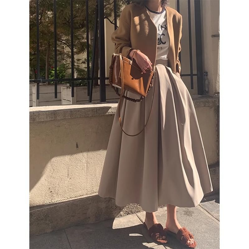 Plain Midi A-Line Suit Skirt with High Rise