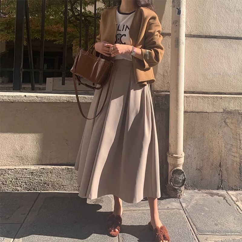 Plain Midi A-Line Suit Skirt with High Rise