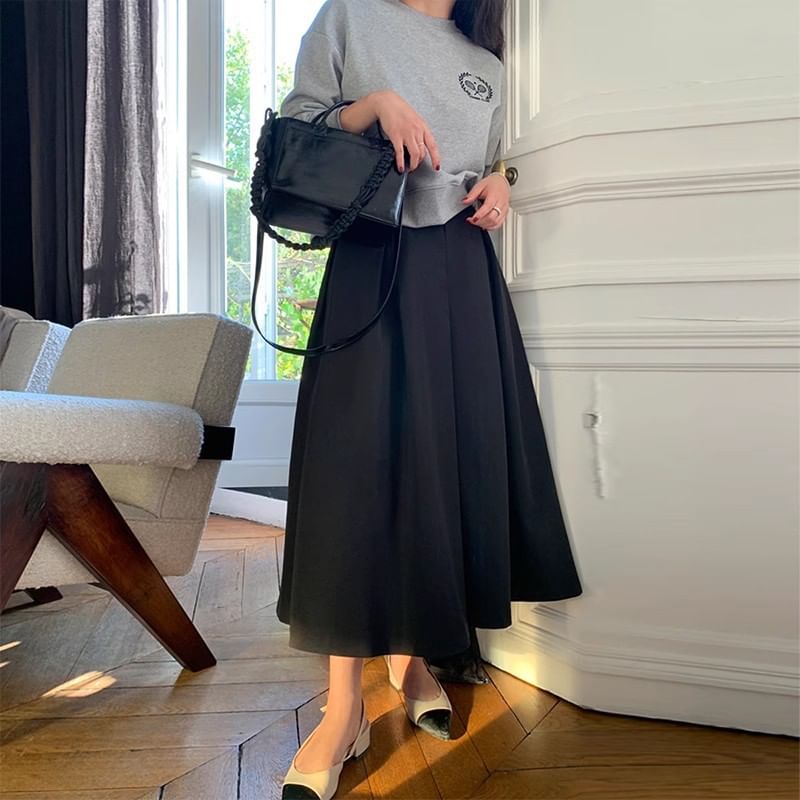 Plain Midi A-Line Suit Skirt with High Rise