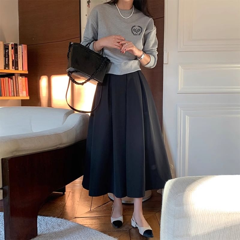 Plain Midi A-Line Suit Skirt with High Rise