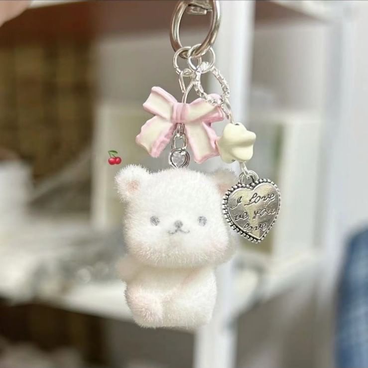 Flocked Bear with Bow Bag Charm