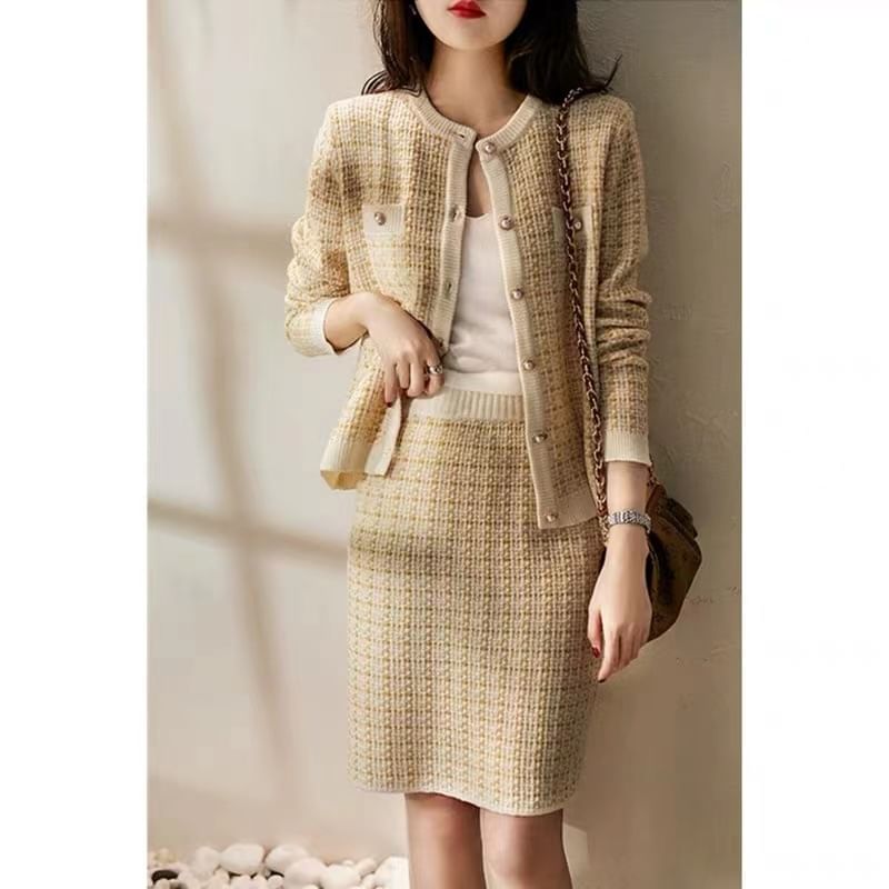 Plaid Cardigan and High-Rise Pencil Skirt Two-Piece Set