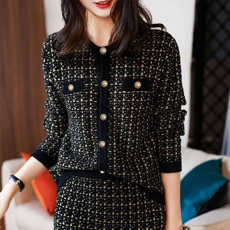 Plaid Cardigan and High-Rise Pencil Skirt Two-Piece Set