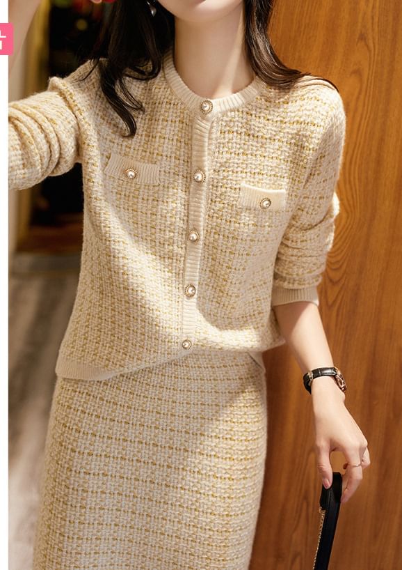 Plaid Cardigan and High-Rise Pencil Skirt Two-Piece Set