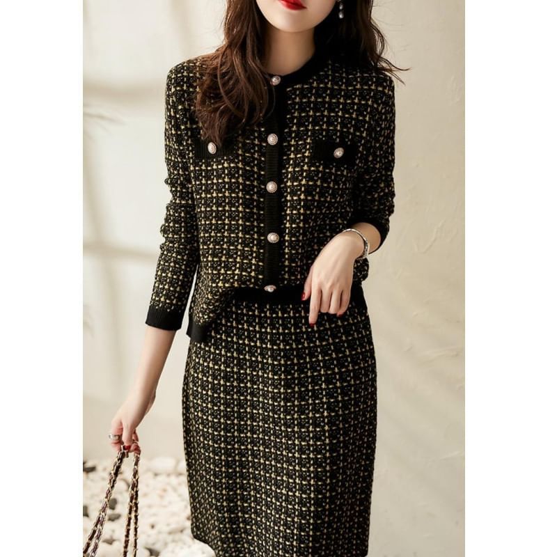 Plaid Cardigan and High-Rise Pencil Skirt Two-Piece Set