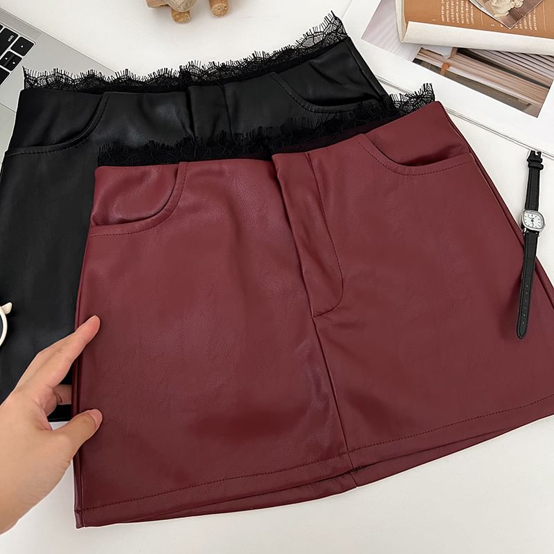 Lace-Trimmed Faux Leather Mini Skirt with A-Line Silhouette