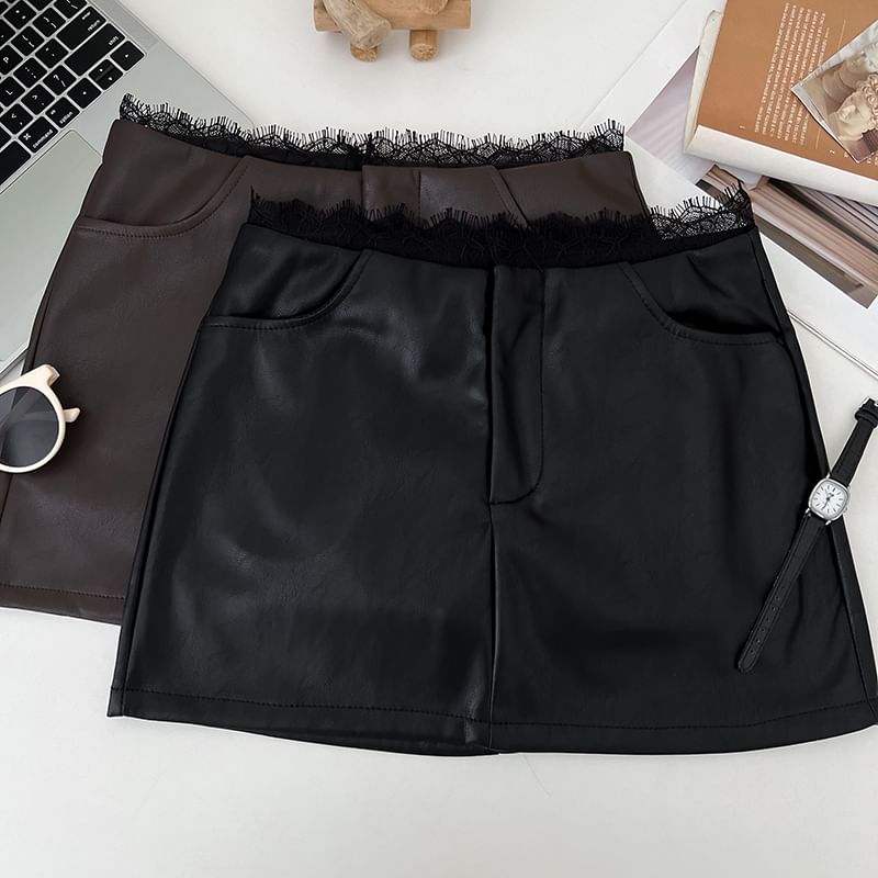 Lace-Trimmed Faux Leather Mini Skirt with A-Line Silhouette