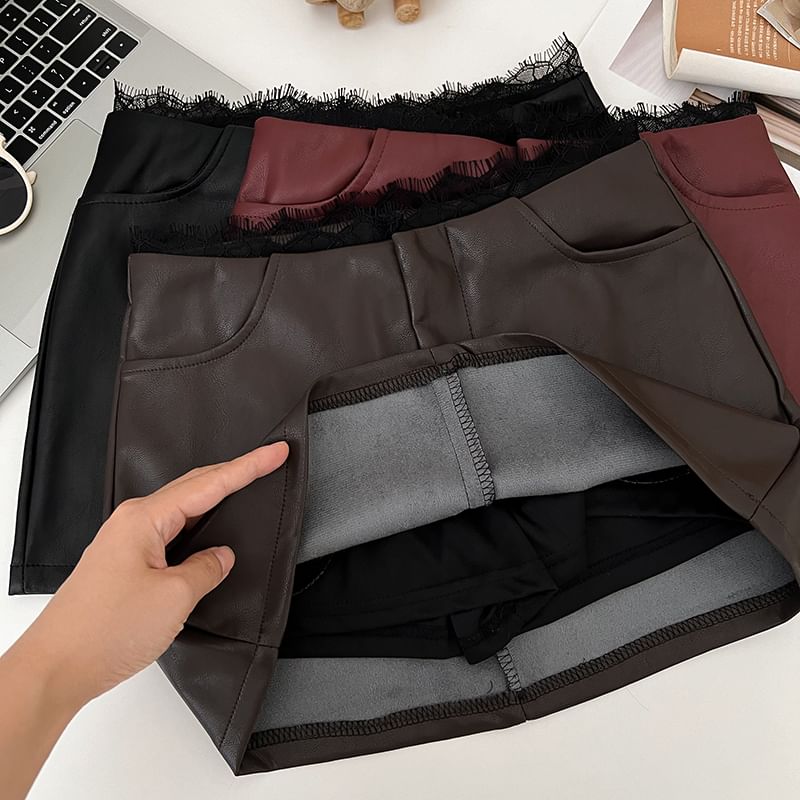 Lace-Trimmed Faux Leather Mini Skirt with A-Line Silhouette