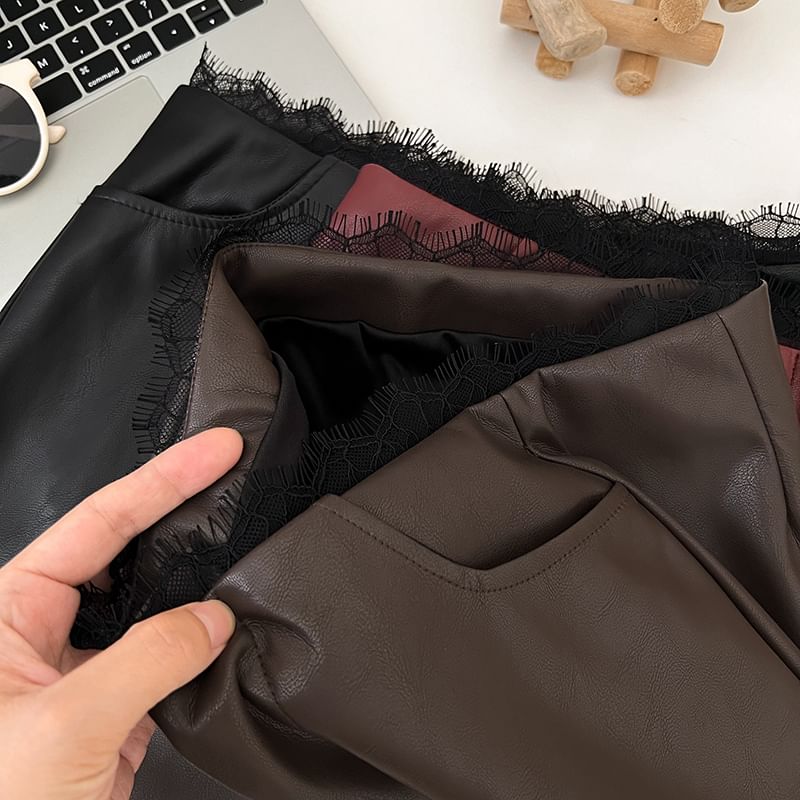 Lace-Trimmed Faux Leather Mini Skirt with A-Line Silhouette