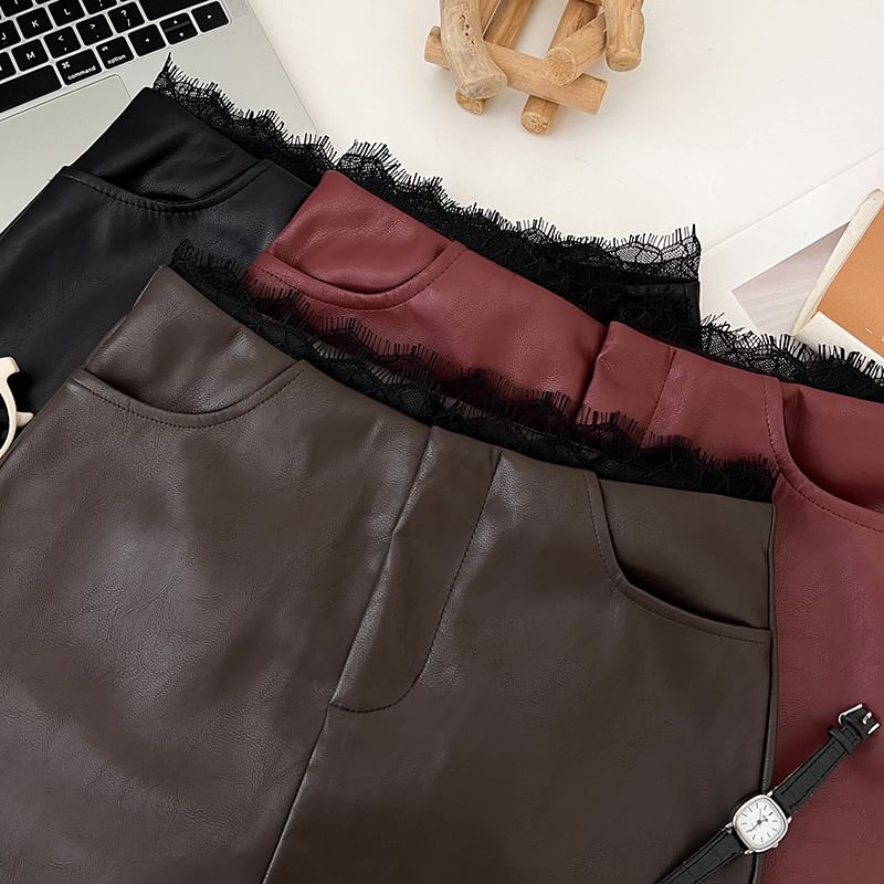 Lace-Trimmed Faux Leather Mini Skirt with A-Line Silhouette