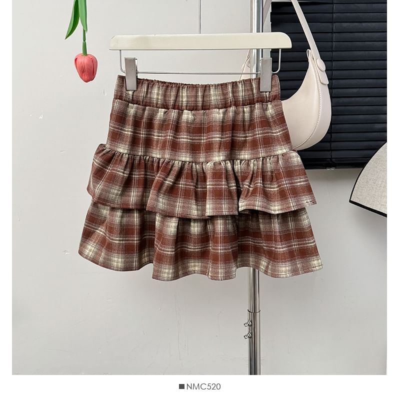 Tiered Plaid High-Rise A-Line Skirt