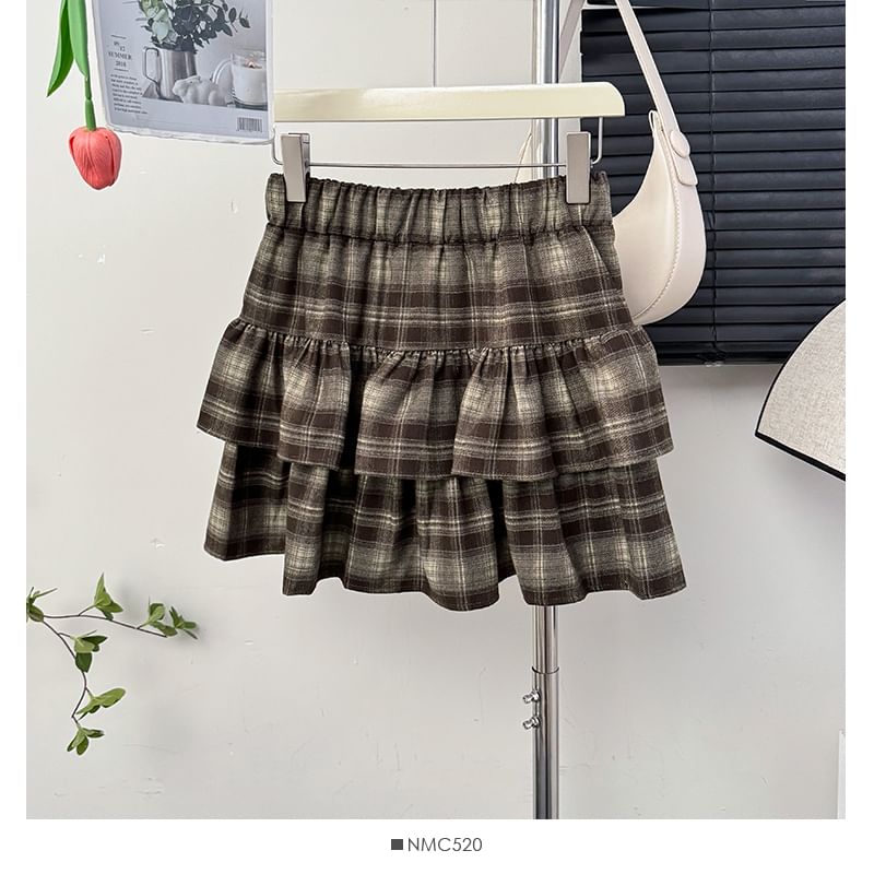 Tiered Plaid High-Rise A-Line Skirt