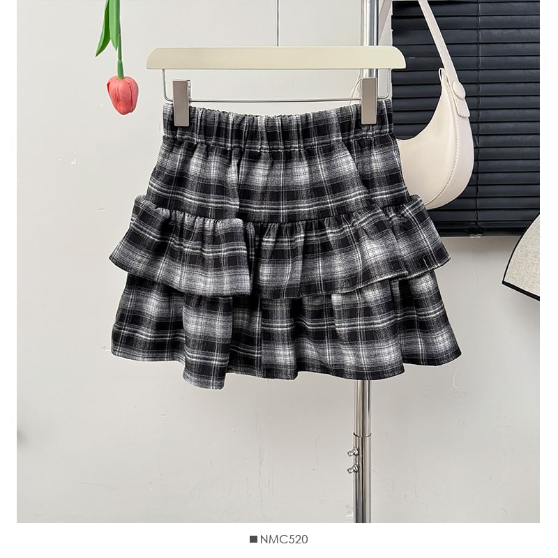 Tiered Plaid High-Rise A-Line Skirt