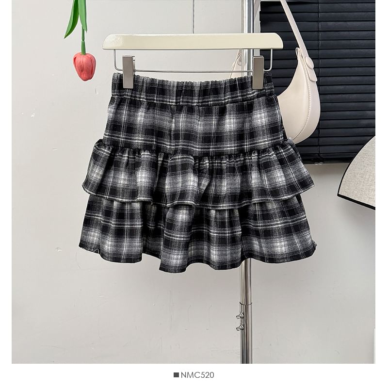Tiered Plaid High-Rise A-Line Skirt
