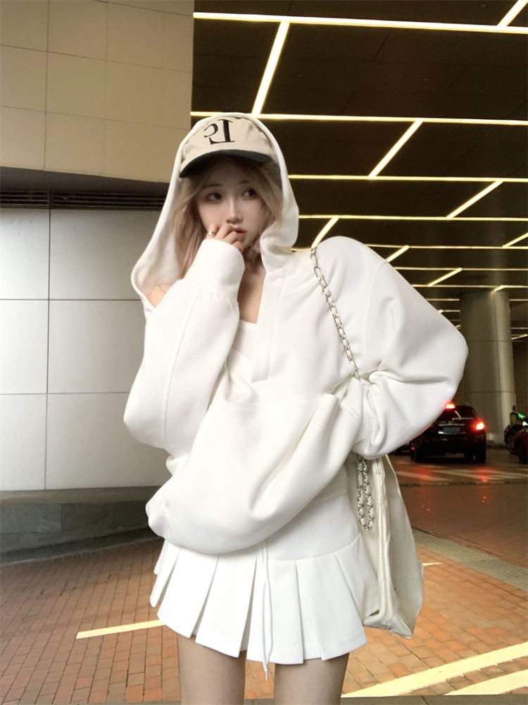 Oversized Hoodie with Pleated Mini Skirt and Tank Combo