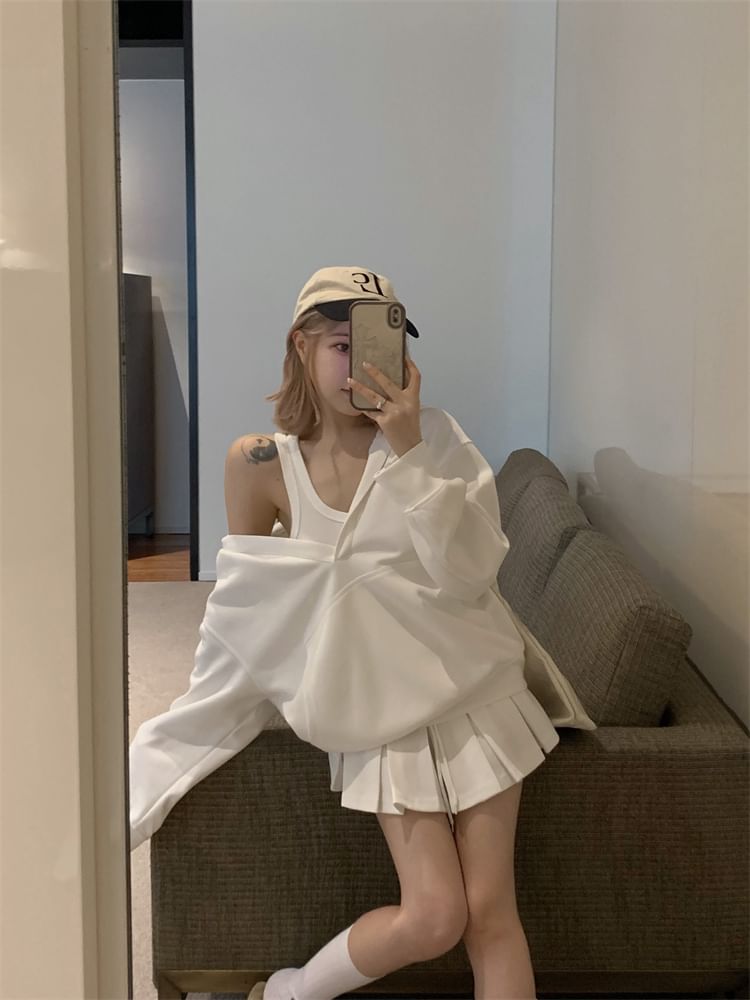 Oversized Hoodie with Pleated Mini Skirt and Tank Combo